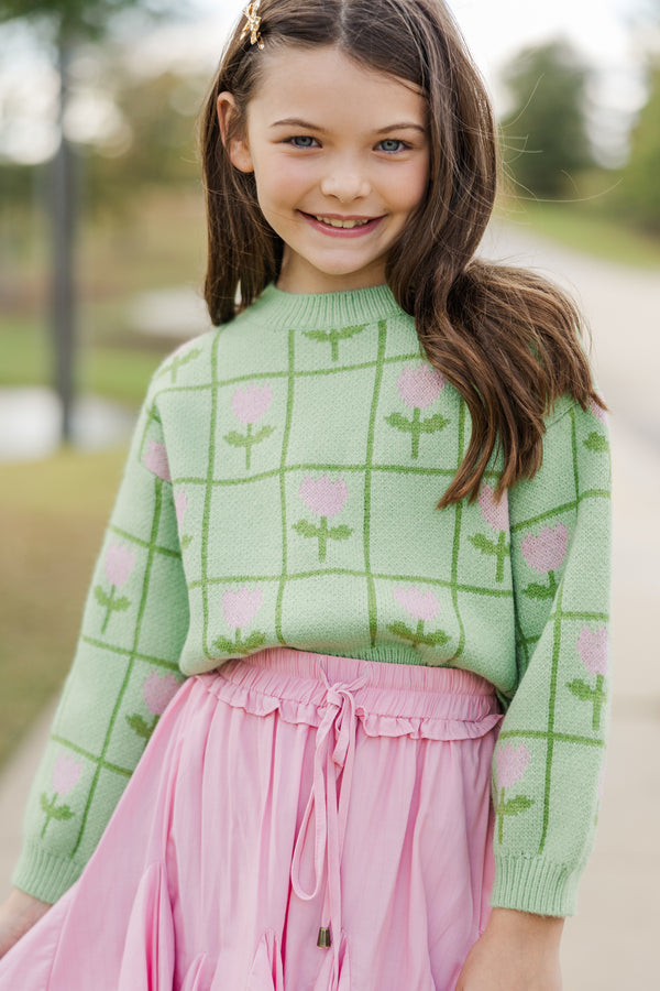 Girls: The Riley Sage Green Floral Sweater