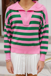 Girls: The Aria Pink And Green Striped Pullover