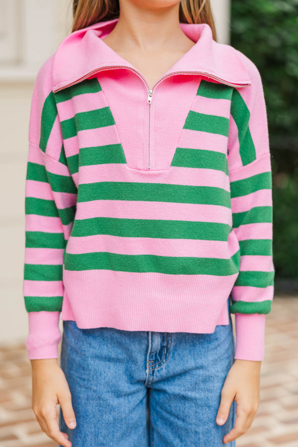 Girls: The Aria Pink And Green Striped Pullover