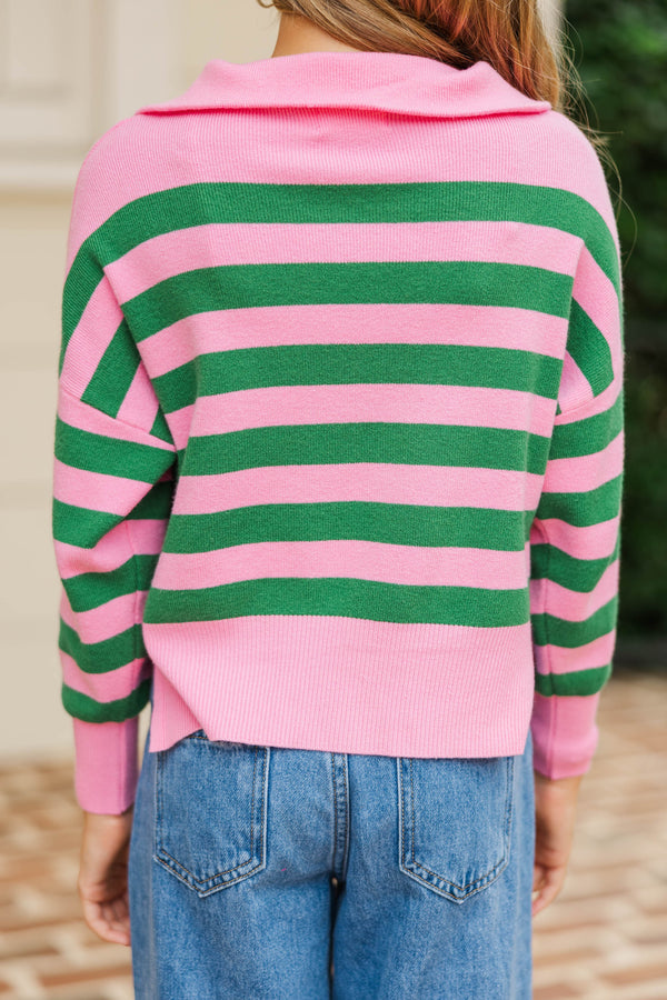 Girls: The Aria Pink And Green Striped Pullover