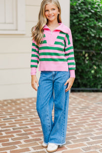 Girls: The Aria Pink And Green Striped Pullover