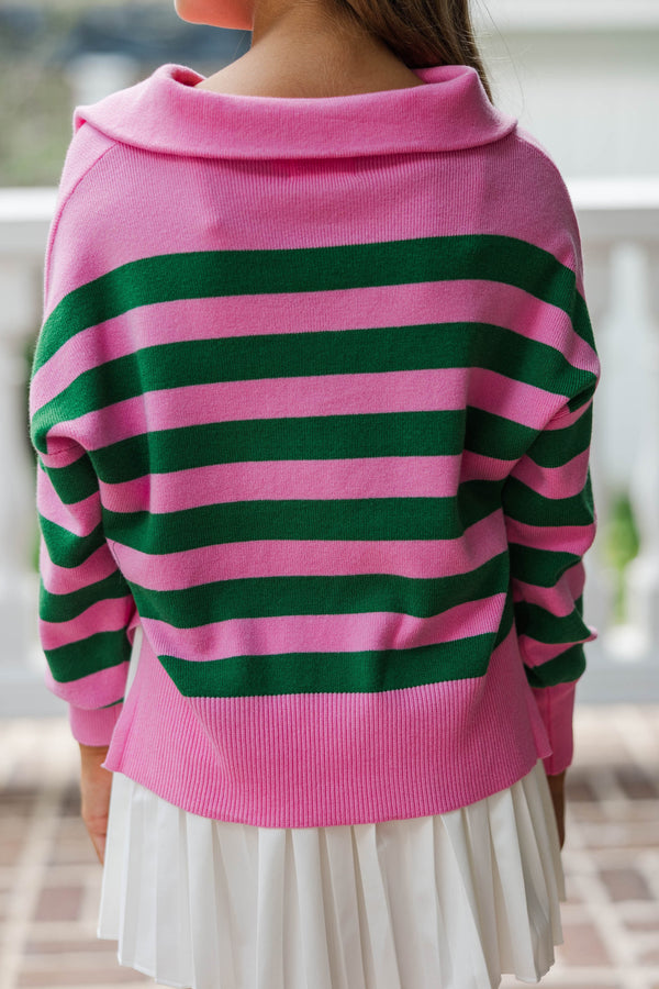 Girls: The Aria Pink And Green Striped Pullover