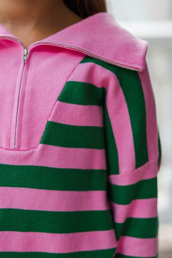 Girls: The Aria Pink And Green Striped Pullover