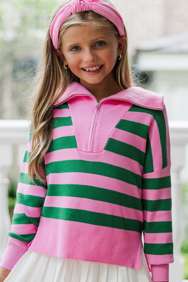 Girls: The Aria Pink And Green Striped Pullover