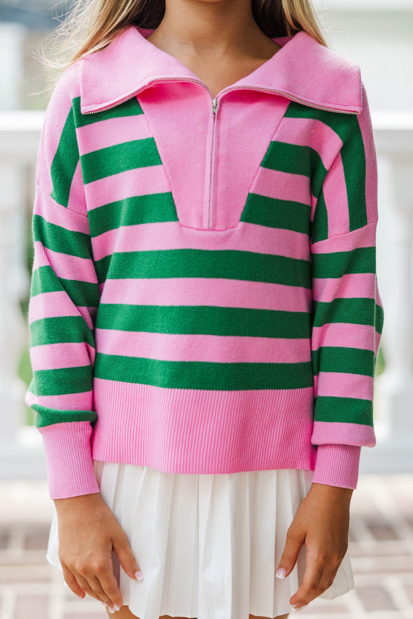 Girls: The Aria Pink And Green Striped Pullover