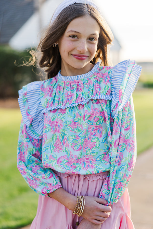 Girls: Full Of Love Blue Abstract L/S Blouse