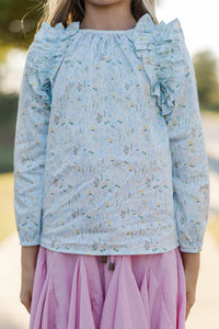 Girls: The Colleen Light Blue Ditsy Floral Ruffled Blouse