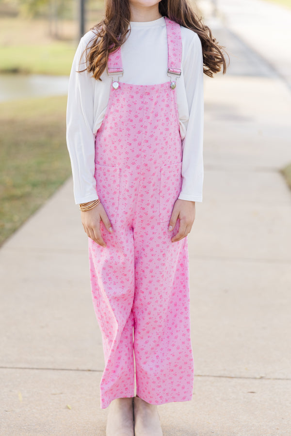 Girls: Have A Little Fun Pink Ditsy Floral Overalls