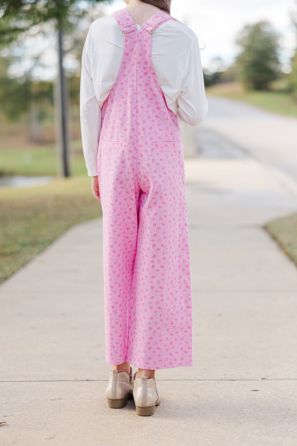 Girls: Have A Little Fun Pink Ditsy Floral Overalls