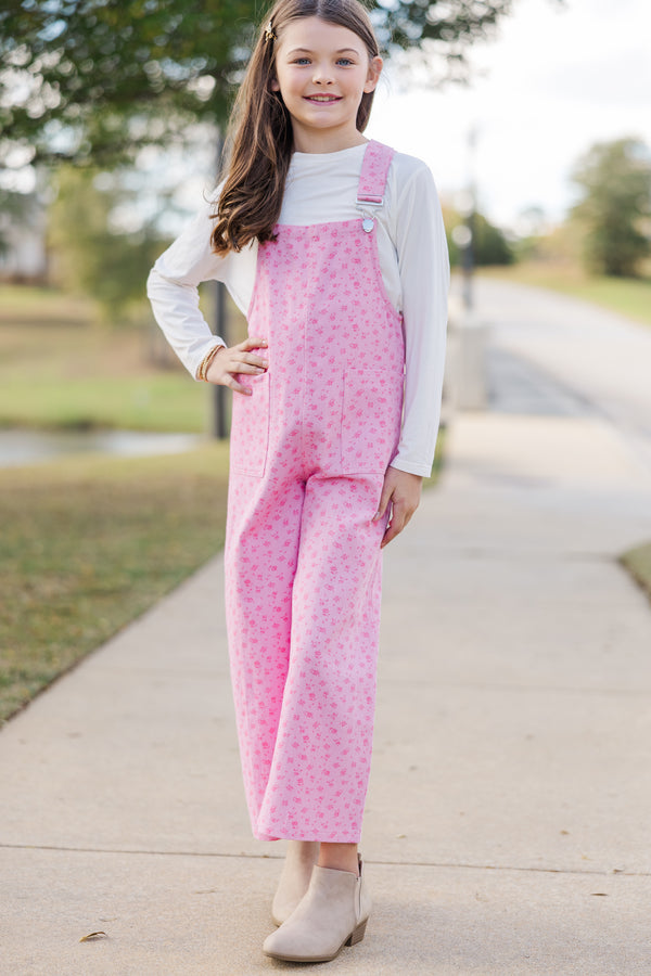 Girls: Have A Little Fun Pink Ditsy Floral Overalls