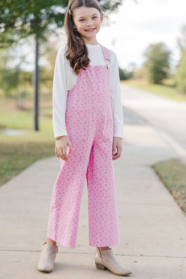 Girls: Have A Little Fun Pink Ditsy Floral Overalls