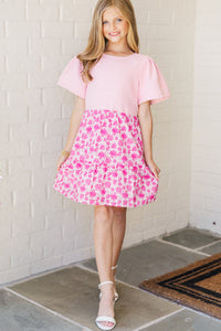 Girls: The Britt Pink Ditsy Floral Dress