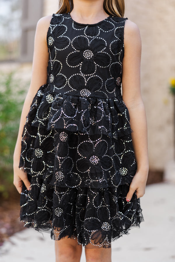 Girls: The Kennedy Black Floral Tulle Tiered Dress