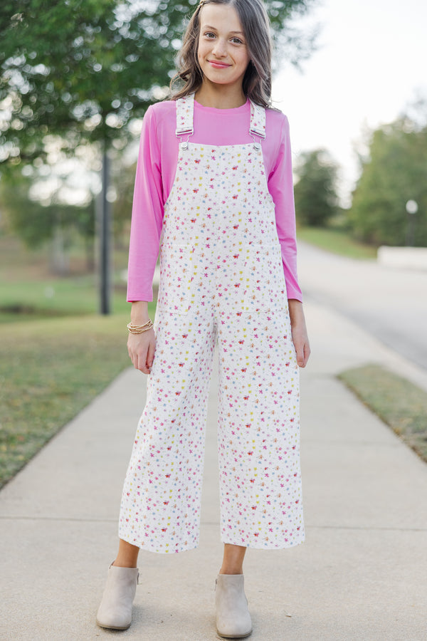 Girls: Have A Little Fun White Ditsy Floral Overalls