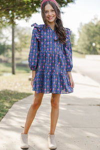 Girls: At This Time Royal Blue Medallion L/S Babydoll Dress