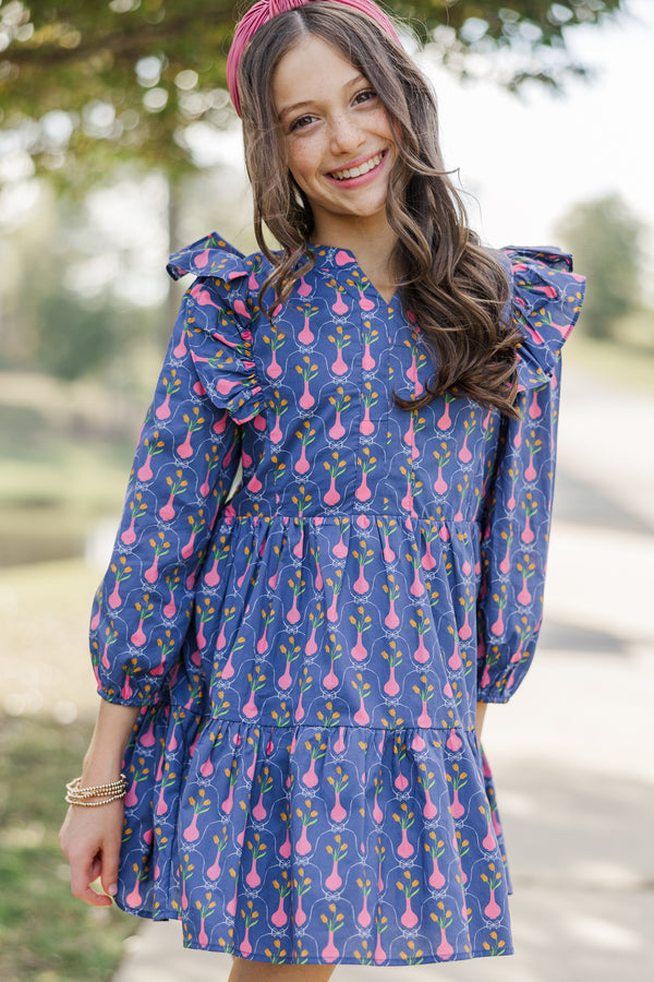 Girls: At This Time Royal Blue Medallion L/S Babydoll Dress