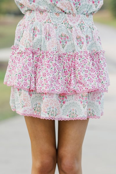 Girls: Sweet Dreams Pink & Mint Mixed Print Ruffled Skirt