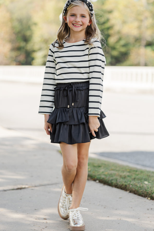 Girls: Lucky You Black & White Striped L/S Tee