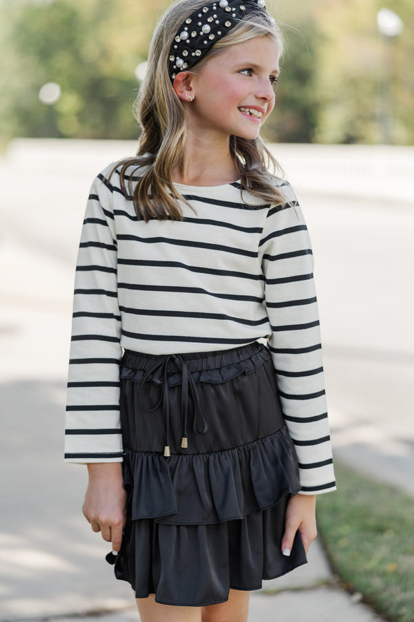 Girls: Lucky You Black & White Striped L/S Tee