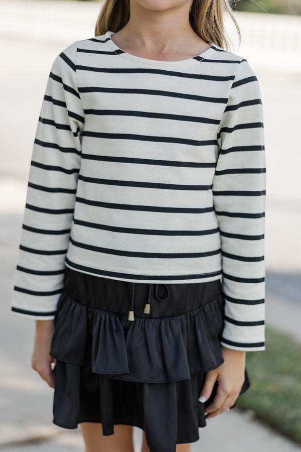 Girls: Lucky You Black & White Striped L/S Tee