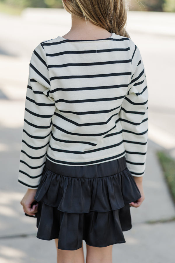 Girls: Lucky You Black & White Striped L/S Tee