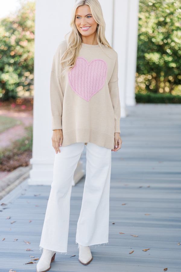 The Lovey Taupe Heart Sweater