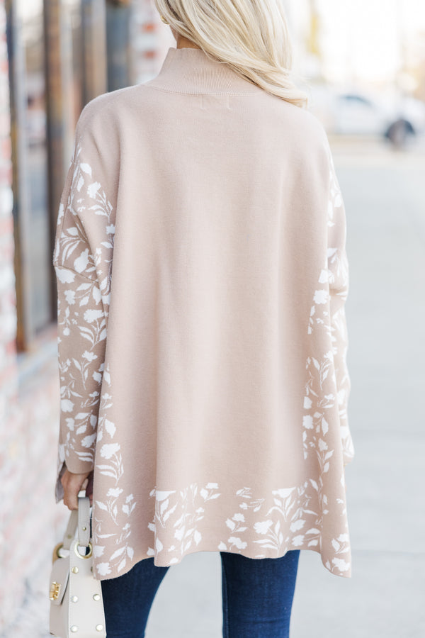 All In Theory Taupe Brown Floral Sweater Tunic