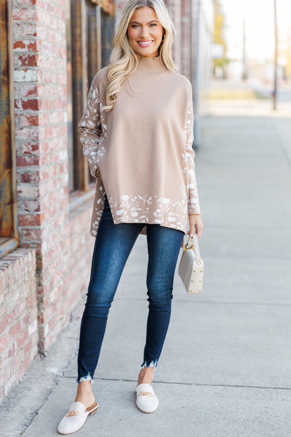 All In Theory Taupe Brown Floral Sweater Tunic