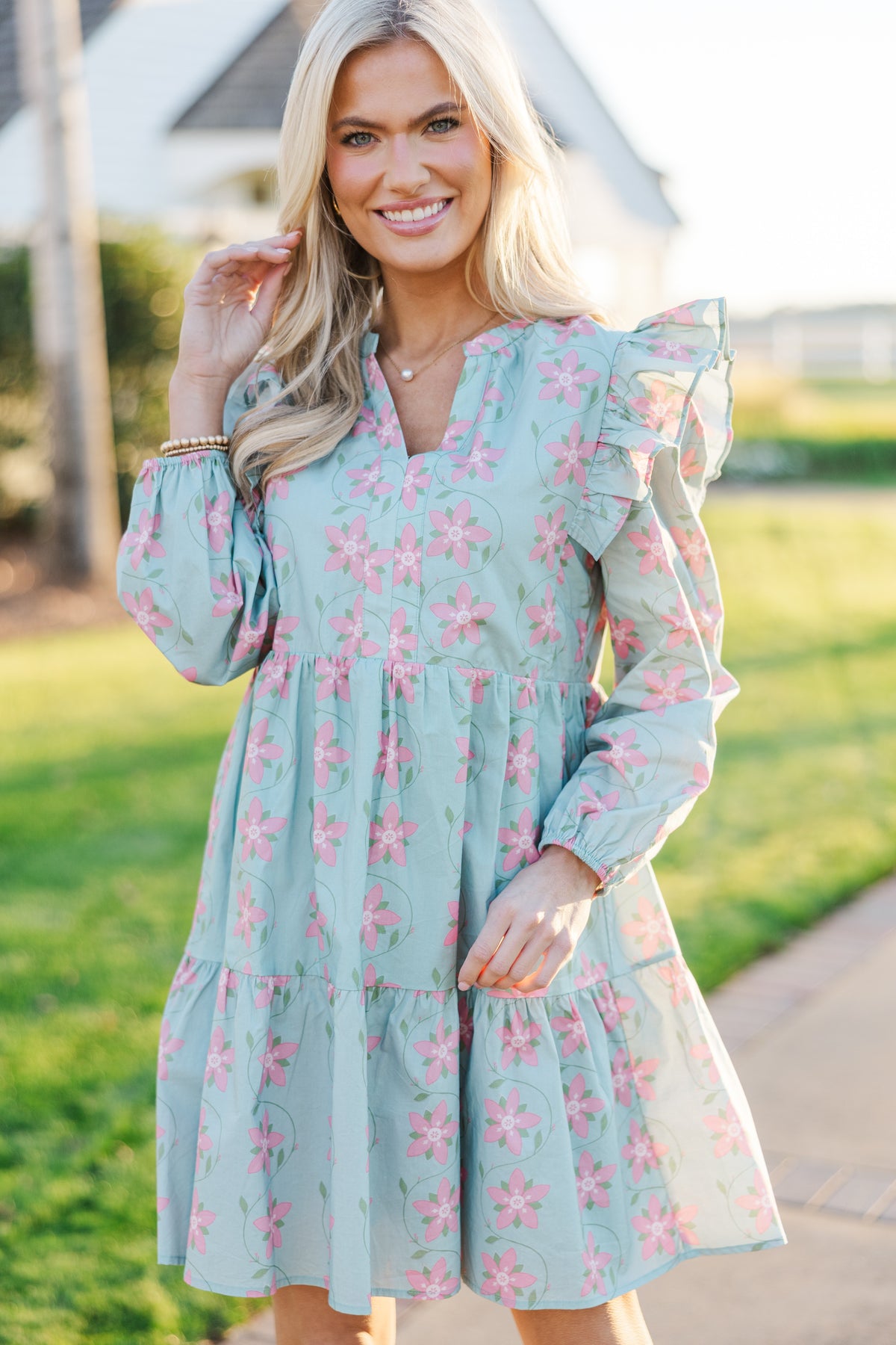 At This Time Light Blue Floral L/S Babydoll Dress – Shop the Mint