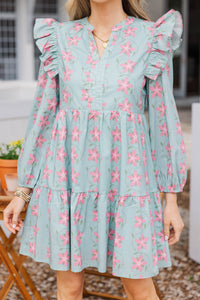 At This Time Light Blue Floral L/S Babydoll Dress
