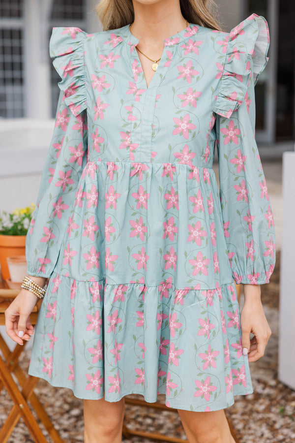 At This Time Light Blue Floral L/S Babydoll Dress