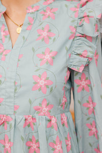 At This Time Light Blue Floral L/S Babydoll Dress