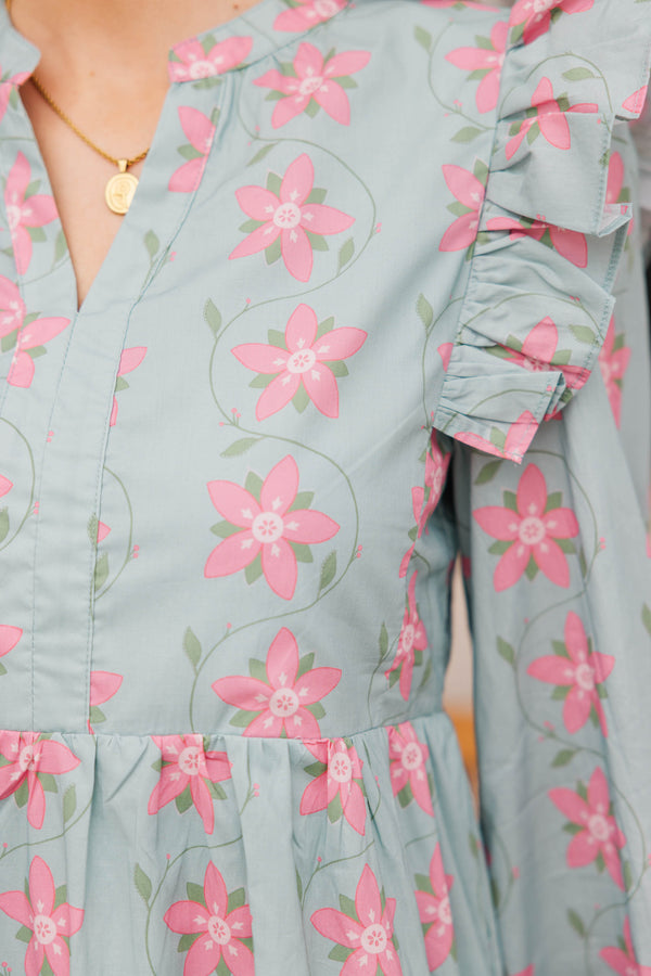 At This Time Light Blue Floral L/S Babydoll Dress