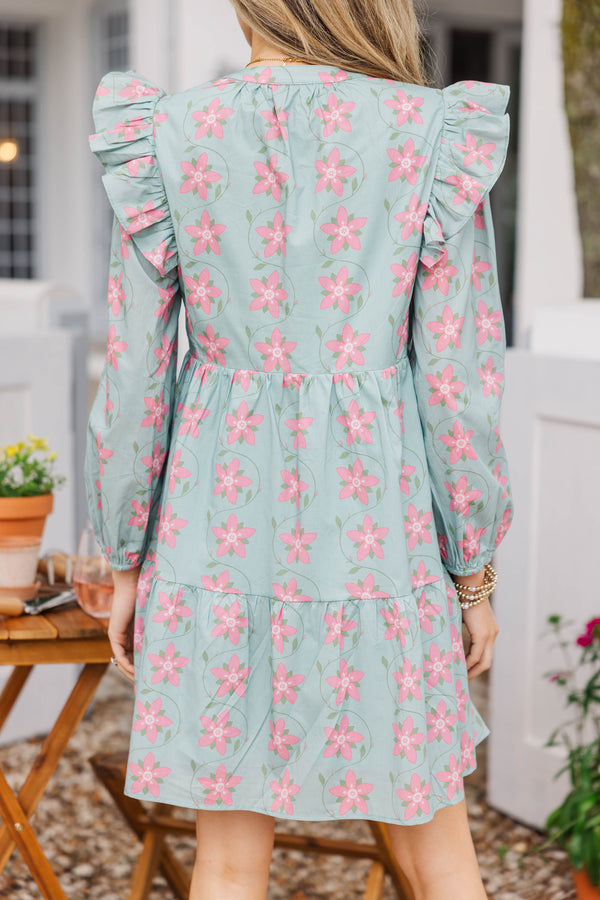 At This Time Light Blue Floral L/S Babydoll Dress