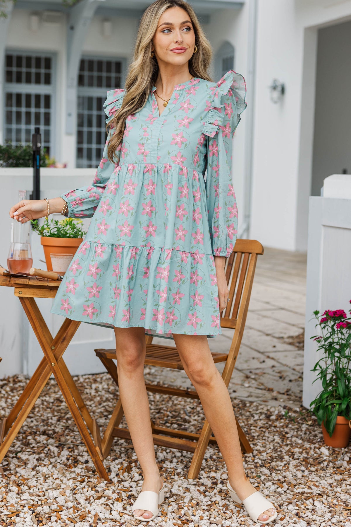 At This Time Light Blue Floral L/S Babydoll Dress – Shop the Mint