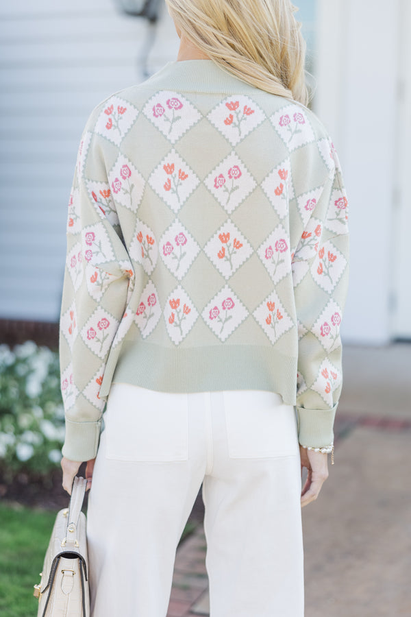 Perfectly You Sage Floral Argyle Cropped Sweater