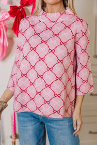 Just A Feeling Pink Bow Print Mock Neck Sweater