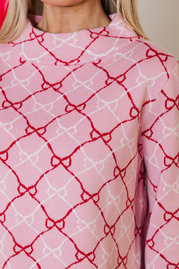 Just A Feeling Pink Bow Print Mock Neck Sweater
