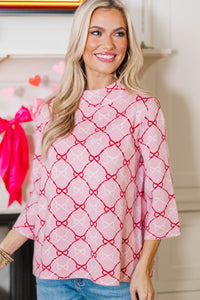 Just A Feeling Pink Bow Print Mock Neck Sweater