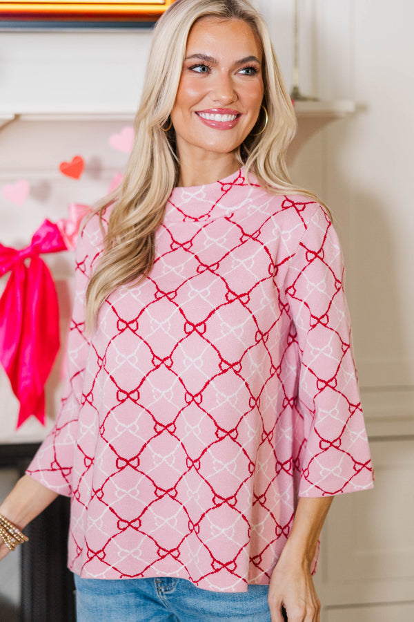 Just A Feeling Pink Bow Print Mock Neck Sweater
