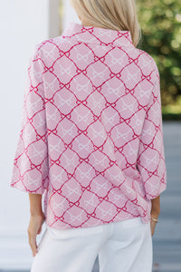 Just A Feeling Pink Bow Print Mock Neck Sweater