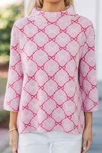 Just A Feeling Pink Bow Print Mock Neck Sweater