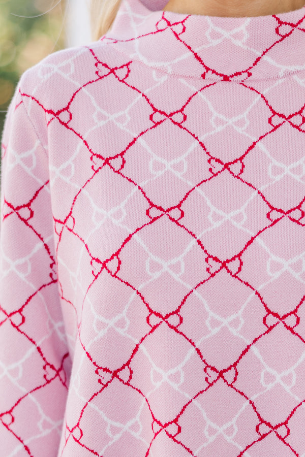 Just A Feeling Pink Bow Print Mock Neck Sweater