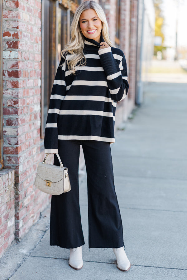 Have Your Fun Black/Taupe Striped Turtleneck Sweater