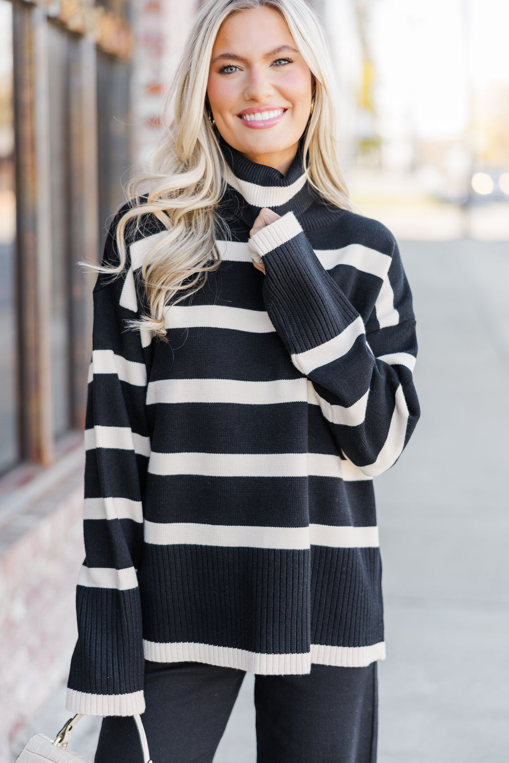 Have Your Fun Black/Taupe Striped Turtleneck Sweater – Shop the Mint