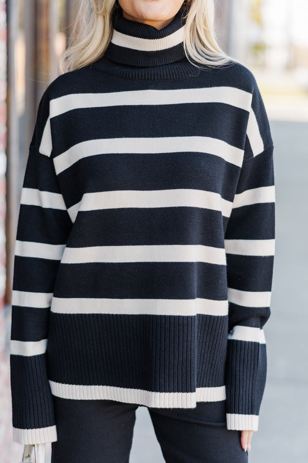 Have Your Fun Black/Taupe Striped Turtleneck Sweater