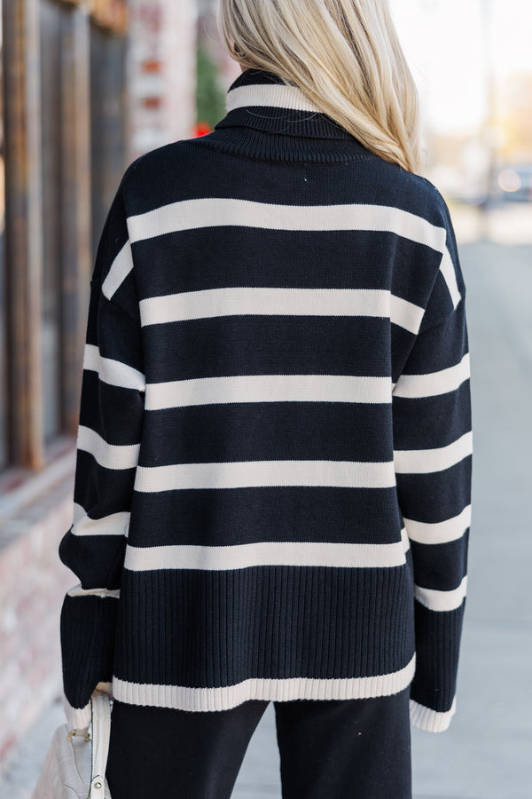 Have Your Fun Black/Taupe Striped Turtleneck Sweater