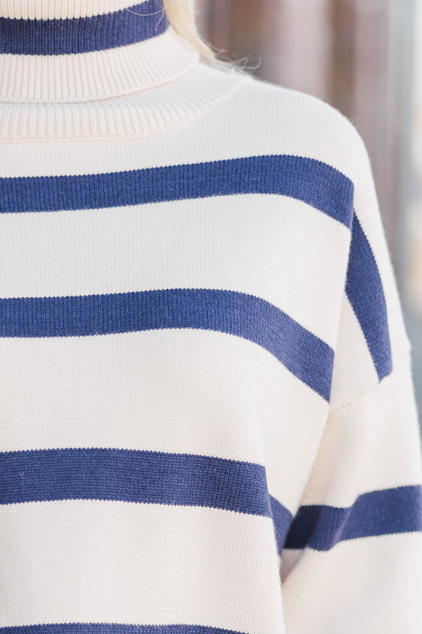 Have Your Fun Natural/Navy Striped Turtleneck Sweater