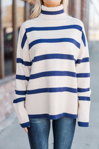 Have Your Fun Natural/Navy Striped Turtleneck Sweater