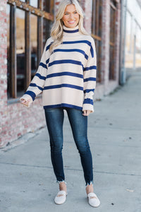 Have Your Fun Natural/Navy Striped Turtleneck Sweater